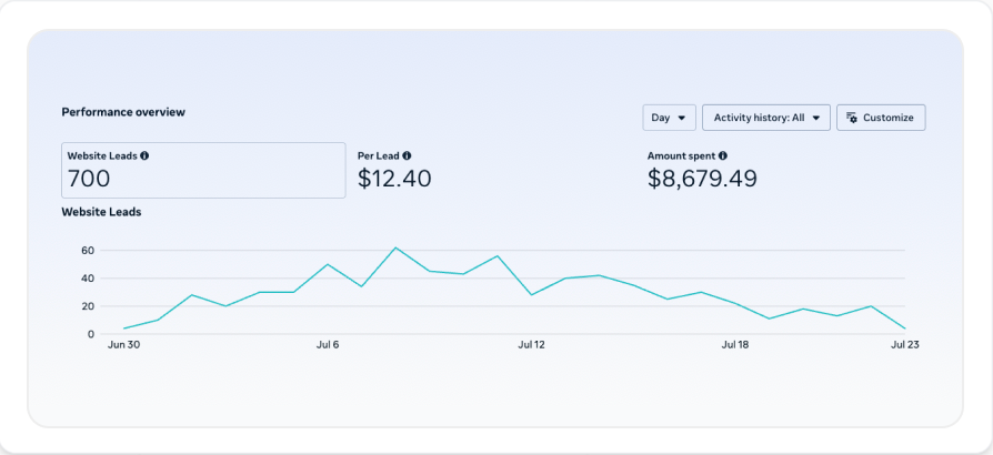 Performance overview dashboard with website leads metrics and trend chart